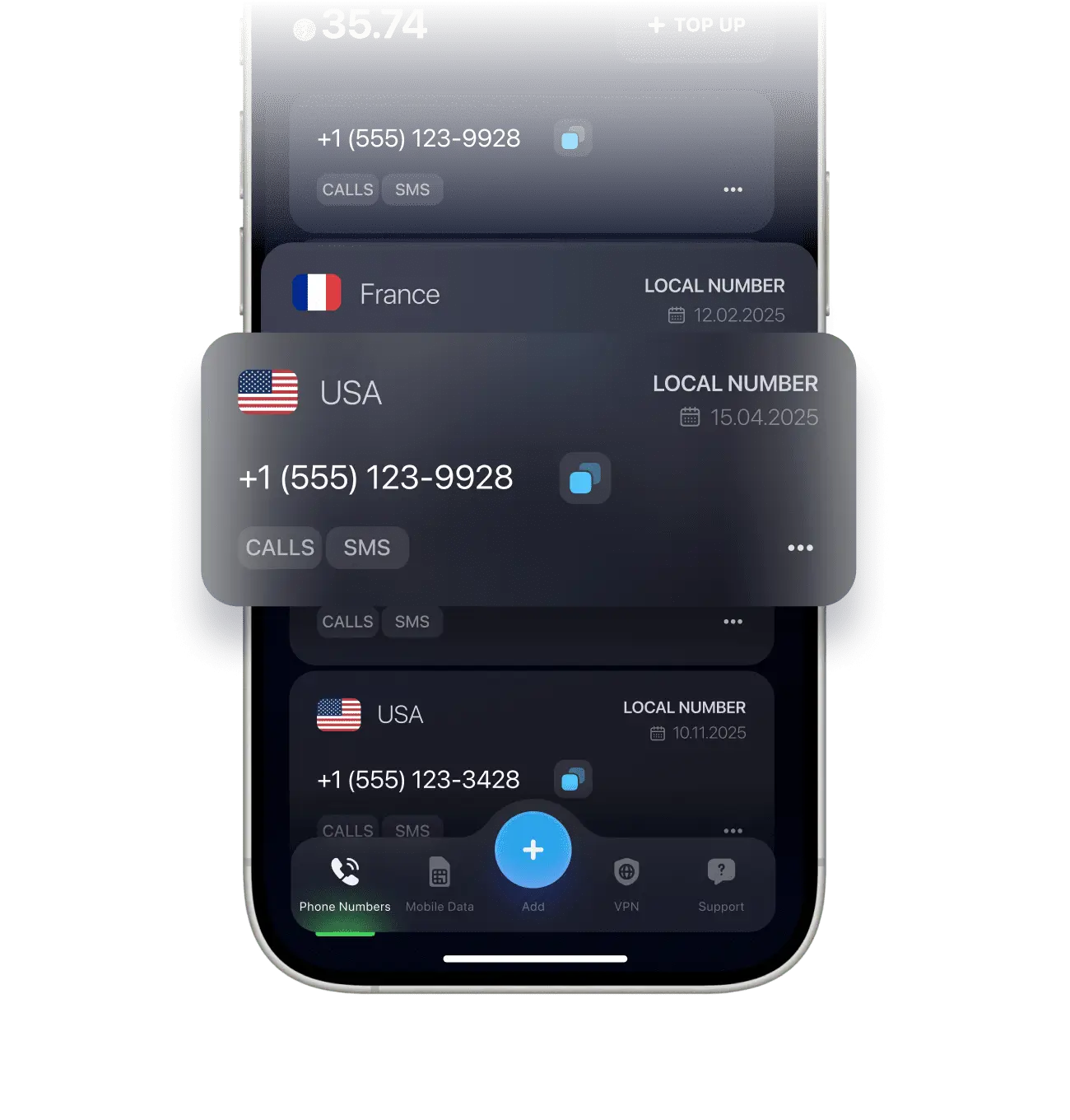 screenshot dell’elenco dei numeri di telefono virtuali